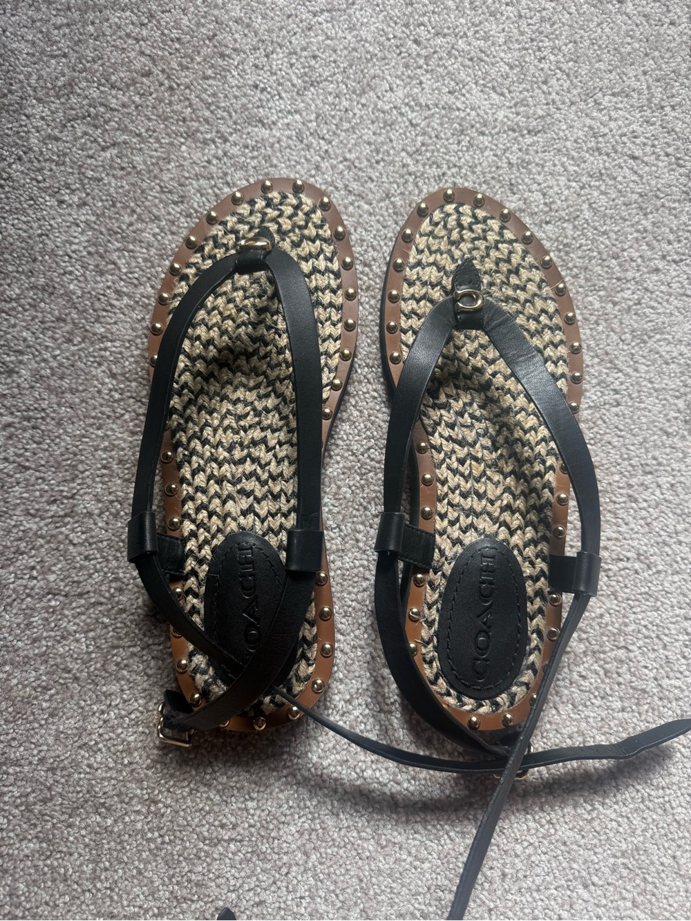 Coach Black and Tan Braided Studded Ankle-Tie Sandals Size 7